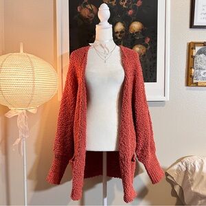 Merokeety coral pink fuzzy popcorn open knit cardigan S